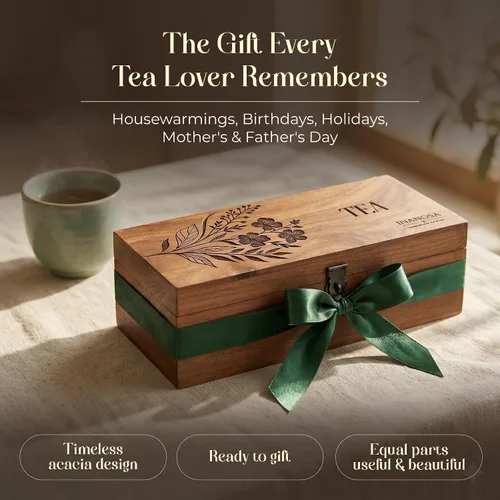 Vista 7 de Organizador de té de madera de acacia hecho a mano, caja de té de 4 compartimentos con grabado (floral clásico, 4 compartimentos)