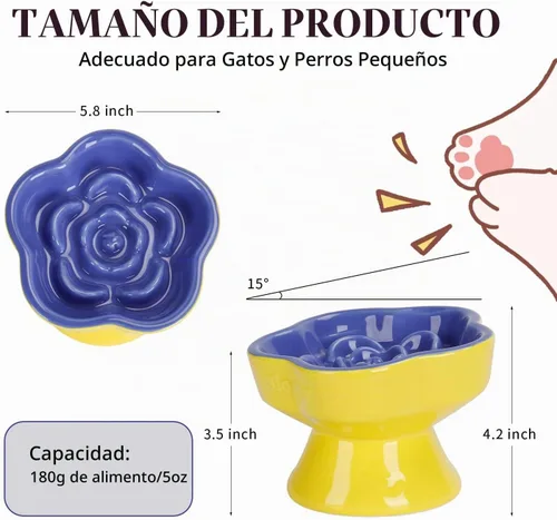 Vista 2 de S&Q's CERAMICS Cuenco elevado de alimentación lenta para gatos, cuenco de cerámica elevado e inclinado para comida para mascotas, comedero lento Azul