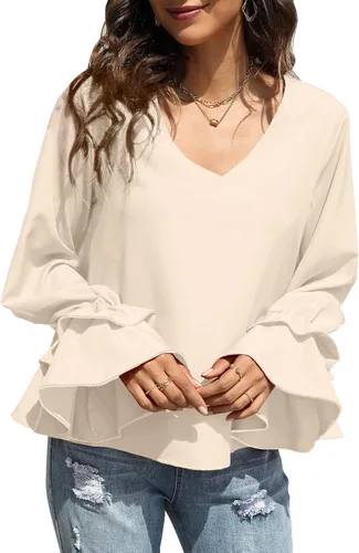 Vista 4 de LYANER Blusa casual de manga larga con cuello en V y volantes para mujer