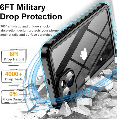Vista 3 de Funda impermeable para iPhone 15, resistente, negro/transparente Lente y protector de pantalla integrados, protección de alta resistencia, 12 pies a