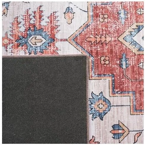 Vista 6 de SAFAVIEH Alfombra lavable Tucson Collection - 2 pies 6 pulgadas x 4 pies, beige y azul, antideslizante, ideal para zonas de alto tráfico en entrada