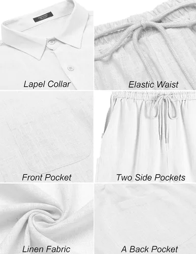 Vista 4 de COOFANDY Men 2 Piece Linen Set Casual Short Sleeve Shirt and Short Beach Set