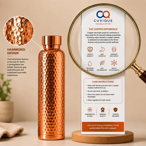 Vista 6 de Botella de agua de cobre 100% puro, 34 onzas (1 litro), botella de cobre martillado con tapa a prueba de fugas, botella de metal reutilizable