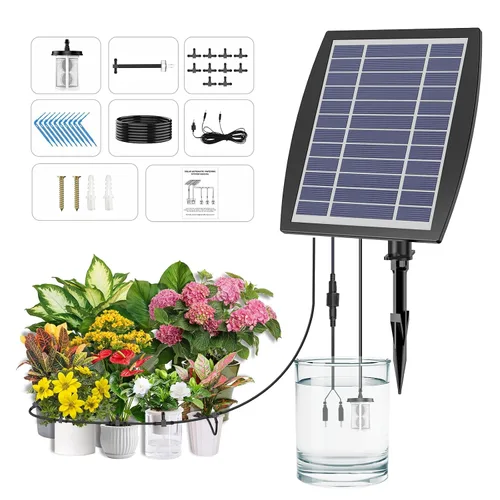 Vista 10 de Sistema de riego por goteo alimentado por energía solar, accesorios de invernadero al aire libre, compatible con 15 macetas y 6 modos de temporizador