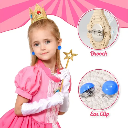 Vista 5 de Tacobear Disfraz de princesa melocotón para niñas, vestido con accesorios para Halloween, cumpleaños, ropa de princesa para niñas pequeñas