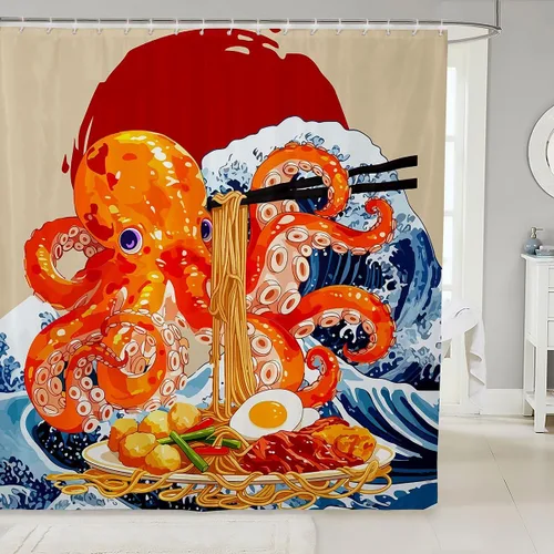 Vista 17 de Cortina de ducha de sirena, decoración de baño con escala de acuarela, habitación para niños y niñas, mujeres, caricaturas, delfín, pulpo