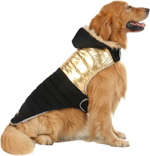 Vista 7 de HDE Chaqueta acolchada para perro, con forro polar, abrigo de invierno cálido para perro con agujero para arnés a rayas rosas, talla S Raya rosa