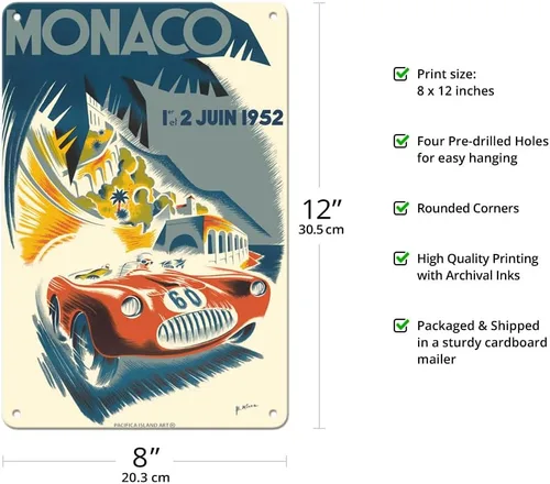 Vista 2 de B. Minne c.1952 - Cartel de metal vintage de 1952 Gran Premio de Mónaco - Carreras de coches - Cartel de metal vintage de 8 x 12 pulgadas