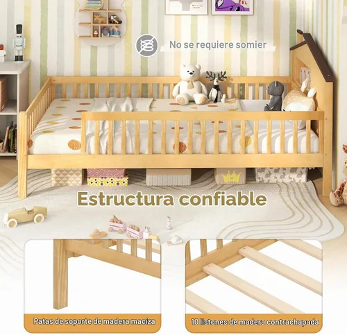 Vista 6 de KOMFOTT Base de cama individual con rieles y cabecera en forma de casa, plataforma de madera maciza con barandillas de seguridad, cubo de Natural