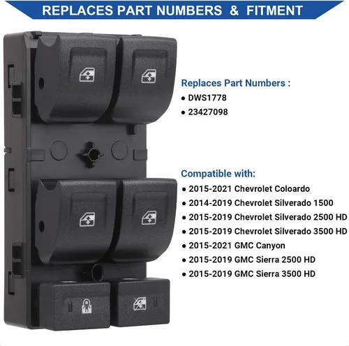 Vista 2 de Obaee Botón de control de potencia para interruptor de ventana compatible con Chevy Silverado 1500 2014-2021, Chevrolet Silverado y GMC Sierra 2500