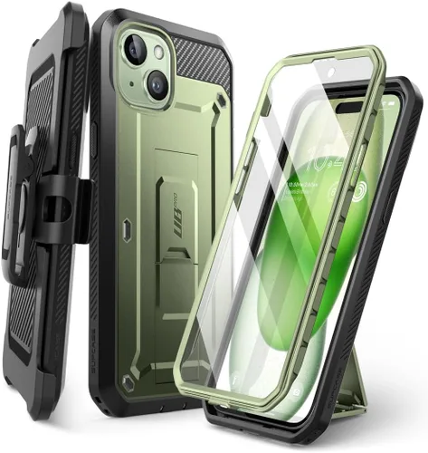 Vista 10 de SUPCASE Funda para iPhone 15 con soporte y clip para cinturón (Unicorn Beetle Pro), [protector de pantalla integrado]