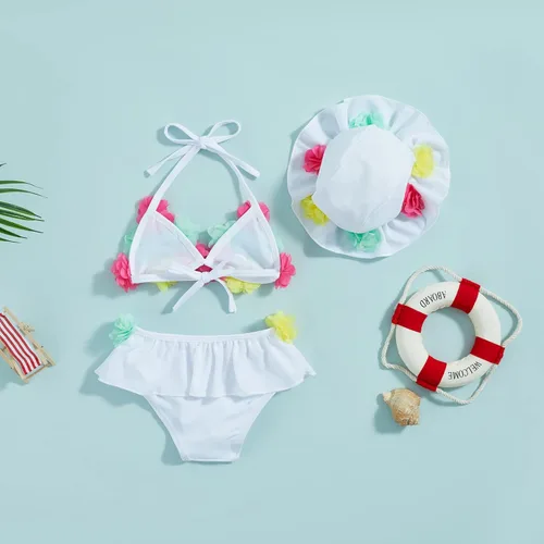 Vista 7 de Yccutest Traje de baño de flores para bebé, 3 piezas, parte superior triangular, parte inferior con volantes, sombrero para el sol, conjunto
