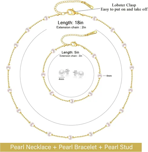 Vista 2 de Ritach Collar de perlas para mujer, chapado en oro de 14 quilates, gargantilla de perlas ajustables y pulsera de perlas, juego de joyería para mujer