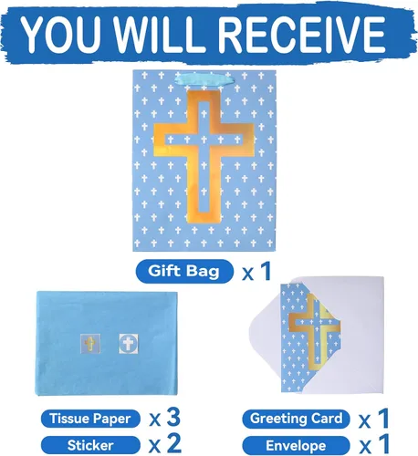 Vista 3 de Juego de bolsa de regalo azul grande de 13 pulgadas con tarjeta de felicitación y papel de seda (diseño de cruz de aluminio), papel de seda