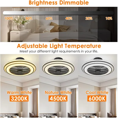 Vista 2 de KOCASO Ventilador de techo de perfil bajo con luz, moderno ventilador de techo empotrado de 20.5 pulgadas con control remoto y temporizador, 3