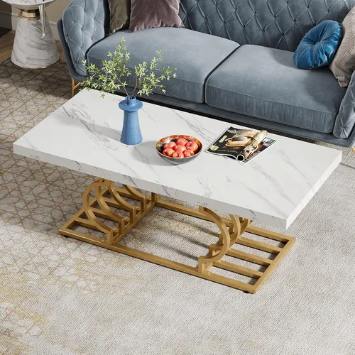 Vista 5 de LITTLE TREE Mesa de centro moderna de 47 pulgadas, mesa de cóctel de mármol sintético, mesa de té, muebles decorativos para sala de estar