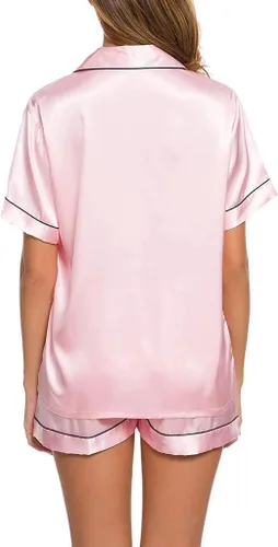 Vista 4 de Conjunto de pijama de satén para mujer, de manga corta, con botones, cuello y ropa de dormir de seda suave