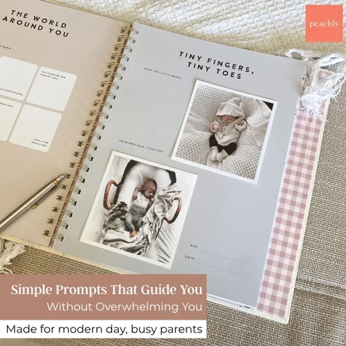 Vista 4 de Peachly Libro de recuerdos unisex para bebé, recuerdo minimalista para el primer año para los hitos, libro de bebé moderno y estético Scandi