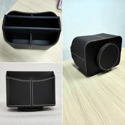 Vista 3 de Caja de almacenamiento de suministros de escritorio giratoria de 360 grados, soporte de control remoto de piel sintética, organizador de escritorio