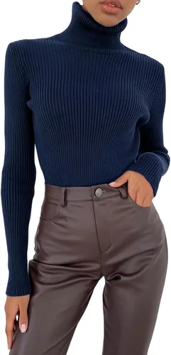 Vista 2 de Suéteres de punto de cuello alto para mujer, camisas básicas casuales de manga larga, ajustadas, ropa interior térmica, suéter de canalé suave