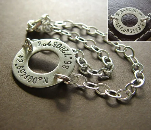 Vista 3 de Longitude Latitude Washer Bracelet - Personalized GPS Coordinates - Hand Stamped Genuine Sterling Silver - Stamped on Both Sides