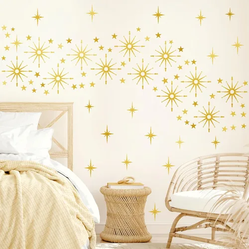 Vista 5 de Calcomanías de pared con estrella dorada, diseño retro de explosión de estrellas, calcomanías para dormitorio, sala de estar, decoración de techo