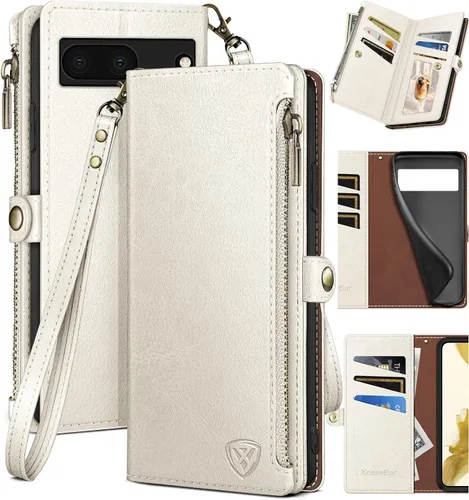 Vista 7 de XcaseBar Funda tipo cartera para Google Pixel 7A con cremallera y tarjetero de crédito [bloqueo RFID], funda de piel sintética con tapa