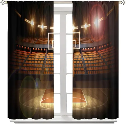 Vista 2 de Cortinas opacas de baloncesto, para niños, deportes, baloncesto, estadio, campo, niños, adolescentes, hombres, arte impreso, ventanas, tratamientos