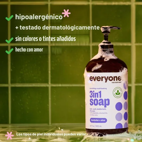 Vista 5 de Everyone Jabón 3 en 1, gel de baño, baño de burbujas, champú, 32 onzas (paquete de 1), lavanda y aloe, hecho con aceites esenciales para hombres