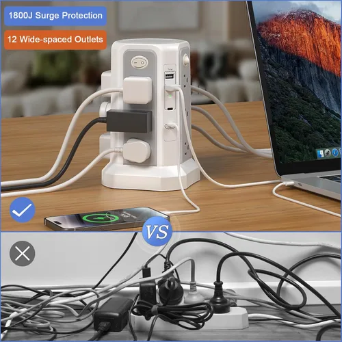 Vista 3 de Torre de regleta de protección contra sobretensiones (13A 1625W) 10 pies con puerto USB C PD20W Extension Cord with 12 AC Mutiple Outlets, Power