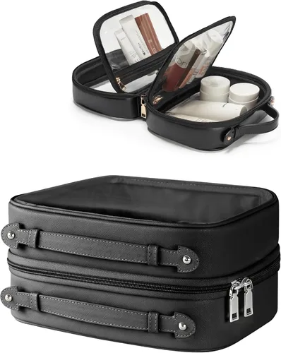 Vista 17 de Bolsa de Cosméticos Transparente de Doble Capa Bolsa de Artículos de Tocador de Viaje Estuche de Maquillaje Transparente con 4 Compartimentos, Bolsa