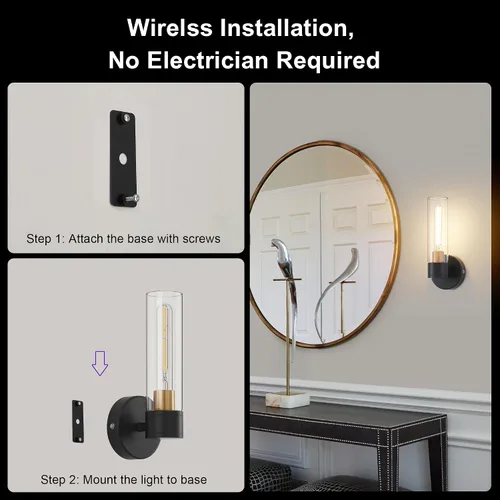 Vista 6 de Juego de 2 apliques de pared a pilas, luces de pared inalámbricas con control remoto, lámparas de pared regulables recargables para dormitorio