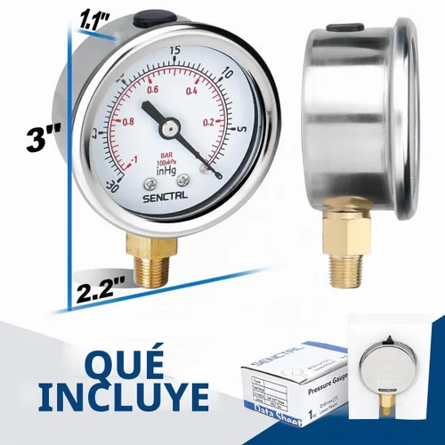 Vista 6 de SENCTRL - Medidor de presión de vacío de 30inHg, esfera de 2", NPT de 1/8, montaje inferior, estuche de acero inoxidable, resistente al agua