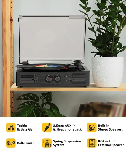 Vista 7 de Tocadiscos con altavoces integrados, control de agudos y graves, 33, 45, 78 RPM, reproductor LP impulsado por correa, tocadiscos de vinilo Bluetooth