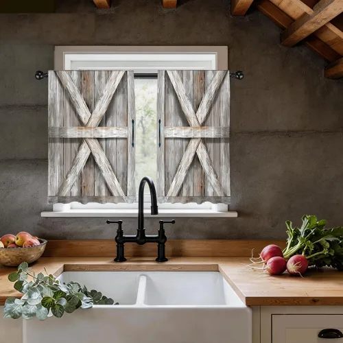 Vista 5 de Cortinas cortas de cocina de poliéster con estampado para puerta de granero, 27.5 pulgadas de ancho x 36 pulgadas de largo, cortinas de puerta