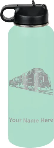 Vista 77 de LaserGram Botella de agua personalizada, tren de carga, acero inoxidable de doble pared aislada al vacío con popote superior, regalo grabado