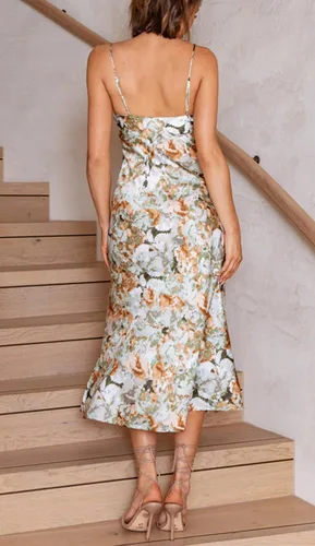 Vista 5 de Tsher Vestido de satén para mujer, tirantes delgados, cuello holgado, espalda descubierta, formal y largo por debajo de la rodilla, para fiesta