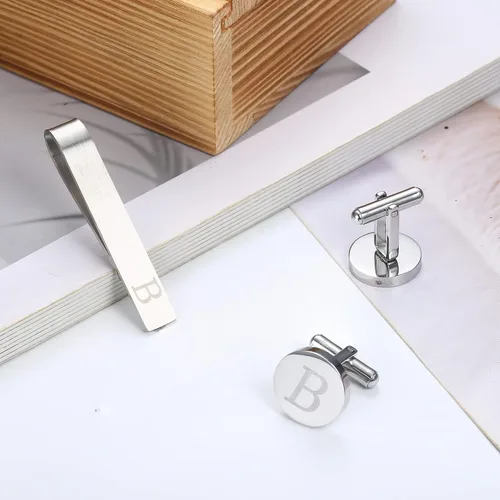 Vista 66 de LOYALLOOK - Gemelos de acero inoxidable grabados con inicial y clip de corbata, diseño de letras del alfabeto con caja de regalo, A-Z