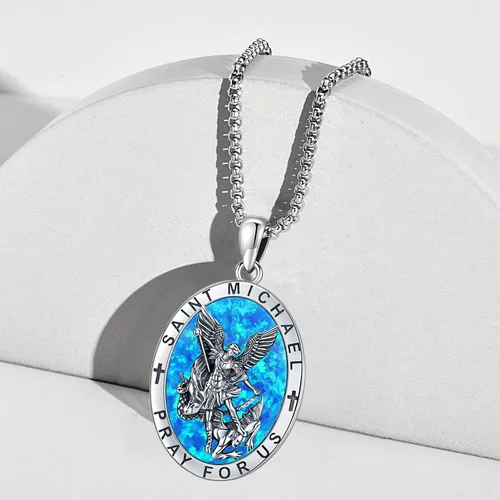 Vista 4 de Odinstone Collar de plata de ley 925 con medalla de San MiguelSan CristóbalSan BenitoCrucifijo de JesúsSan UrielArcángel Rafael para hombres