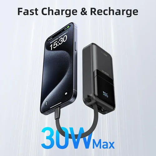 Vista 2 de MOKiN Cargador Portátil, 10000mAh 30W Power Bank Carga Rápida, Paquete de Batería para Teléfono con Cable Incorporado, 4 Salidas, Powerbank Compacto