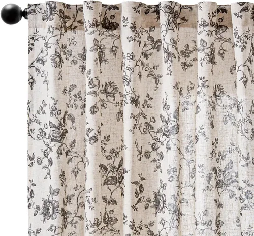 Vista 2 de jinchan Amlie - Cortinas florales de lino de 63 pulgadas de largo para sala de estar, dormitorio, casa de campo, cortinas de decoración de campo