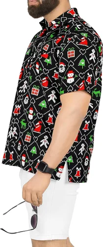 Vista 3 de LA LEELA Camisa de vestir de manga corta para hombre, diseño de Papá Noel, para vacaciones, hawaiano, de Navidad, para hombre