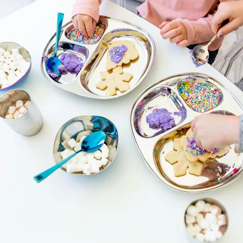 Vista 4 de Ahimsa Plato de Acero Inoxidable para Niños, Platos Divididos para Niños Pequeños y Bebés Diseñados por Pediatras, No Tóxico, Irrompible y Apto