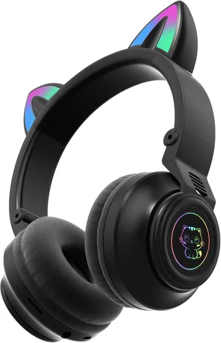 Vista 5 de Auriculares Bluetooth con orejas de gato Yusonic, auriculares inalámbricos para niños pequeños, niños y niñas, para Amazon Fire Negro