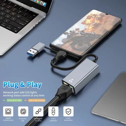 Vista 6 de Adaptador USB C a Ethernet 2 en 1 de 2.5 Gbps, adaptador Ethernet tipo C a RJ45 con puerto USB-A 3.0, 2500 Mbps Gigabit a Internet con cable