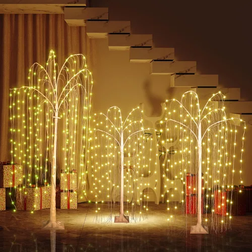 Vista 9 de Hooseng Árbol Iluminado de 4 pies, 5 pies y 6 pies, Paquete de 3, Lámpara de Árbol de Luces de Hadas Árbol Artificial para Festival, Fiesta