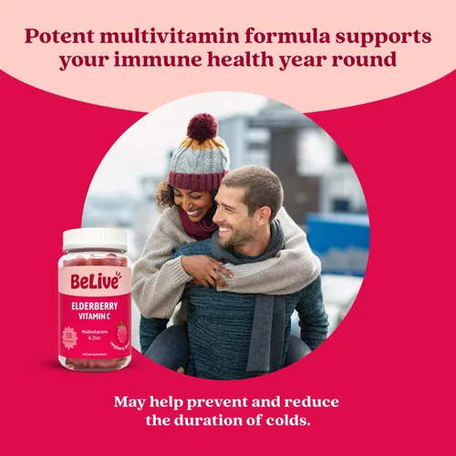 Vista 3 de BeLive Gomitas de saúco con vitamina C, D3 y zinc, suplemento multivitamínico para apoyo a la salud inmunológica para niños y adultos, 50