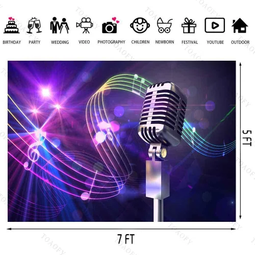 Vista 2 de Fondos de música de discoteca de 7 x 5 pies con símbolo de música, micrófono, fotografía, fondo, decoración, suministros de música, fiesta, cabina