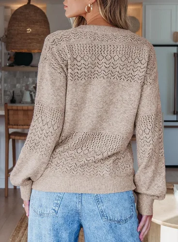 Vista 4 de SHEWIN - Suéter casual para mujer, manga larga, cuello en V, ligero, tejido de crochet, estilo sin botones