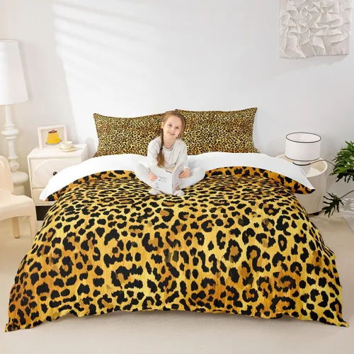 Vista 39 de Juego de funda de edredón para niños con estampado de leopardo, tamaño individual, juego de ropa de cama de moda de piel de guepardo abstracto